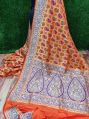 orange blue banarasi semi katan silk shikargarh meena weaved saree