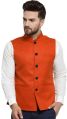 Plain Sleeveless Non Zipper Vastraa Fusion mens orange cotton jute nehru jacket