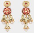 Red Gold Tone Kundan Earrings with White Pearl
