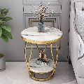 White Round Side Table with Storage Marble Top Metal Frame