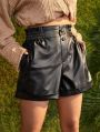 Black Plain Ladies Leather Shorts