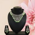 Intricate Green Stone Silver Necklace Set