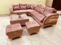 Brown Marandi wood structure l shape wooden sofa set