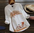 V-Neck White Stitched Full Sleeves cotton linen printed shirt top