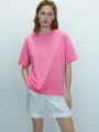 Women  Solid Round  Neck Cotton Blend Pink T Shirt