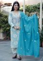 Straight 3/4 Sleeves Printed Regular Fit Dori Fashions Embroidery Work ladies blue cotton suit