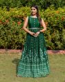 Ladies Full Stitched Green Flared Printed Gown