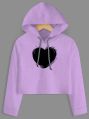 Black Heart Printed Purple Crop Hoodie