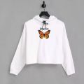 Butterfly Papillon Printed White Crop Hoodie