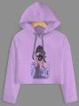 Full Sleeve camera girl printed purple crop hoodie