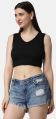 Polyester Polyester Sleeveless black solid self-design rib crop top